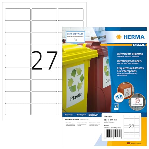 HERMA 4594 Wetterfeste Folienetiketten für Inkjet Drucker, 40 Blatt, 63,5 x 29,6 mm, 27 pro A4 Bogen, 1080 Stück, selbstklebend, bedruckbar, Klebeetiketten Aufkleber für Tintenstrahldrucker, weiß von HERMA