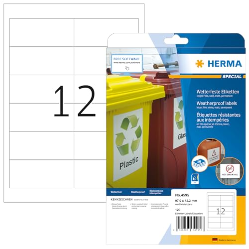 HERMA 4595 Wetterfeste Folienetiketten für Inkjet Drucker, 320 Blatt, 97 x 42,3 mm, 12 pro A4 Bogen, 3840 Stück, selbstklebend, bedruckbar, matt, Klebeetiketten Aufkleber für Tintenstrahldrucker, weiß von HERMA