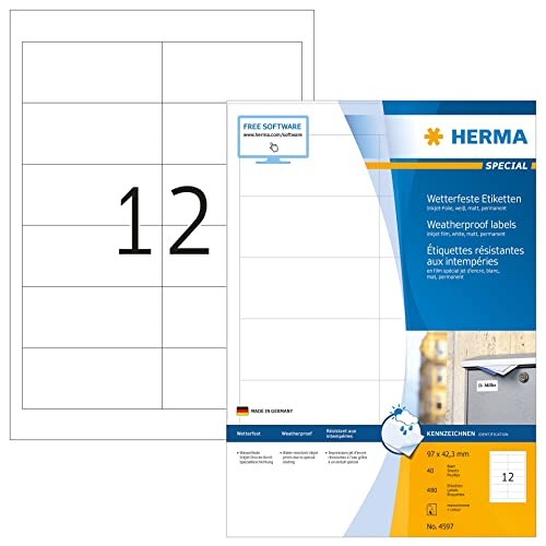 HERMA 4597 Wetterfeste Folienetiketten für Inkjet Drucker, 40 Blatt, 97 x 42,3 mm, 12 pro A4 Bogen, 480 Stück, selbstklebend, bedruckbar, matt, Klebeetiketten Aufkleber für Tintenstrahldrucker, weiß von HERMA