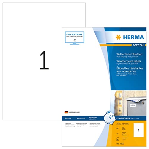 HERMA 4602 Wetterfeste Folienetiketten für Inkjet Drucker, 40 Blatt, 210 x 297 mm, 1 pro A4 Bogen, 40 Stück, selbstklebend, bedruckbar, matt, Klebeetiketten Aufkleber für Tintenstrahldrucker, weiß von HERMA