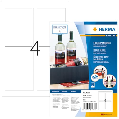 HERMA 4603 Flaschenetiketten, 40 Blatt, 90 x 120 mm, 4 pro A4 Bogen, 160 Stück, selbstklebend, bedruckbar, glänzend, blanko Flaschenaufkleber Etiketten aus hochwertigem Papier, weiß von HERMA