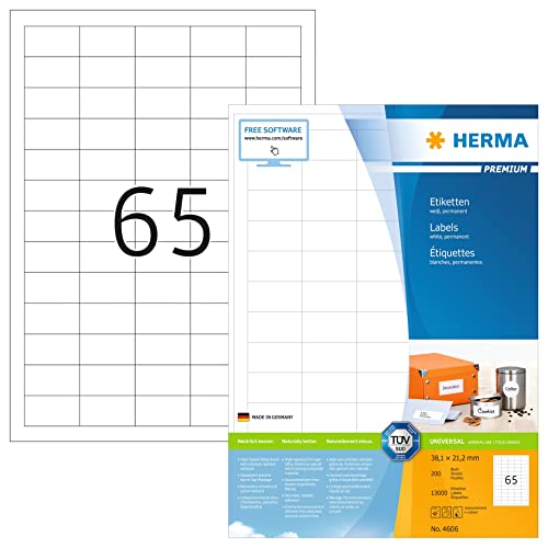 HERMA 4606 Universal Etiketten, 1600 Blatt, 38,1 x 21,2 mm, 65 pro A4 Bogen, 104000 Stück, selbstklebend, bedruckbar, matt, blanko Papier Klebeetiketten Aufkleber, weiß von HERMA