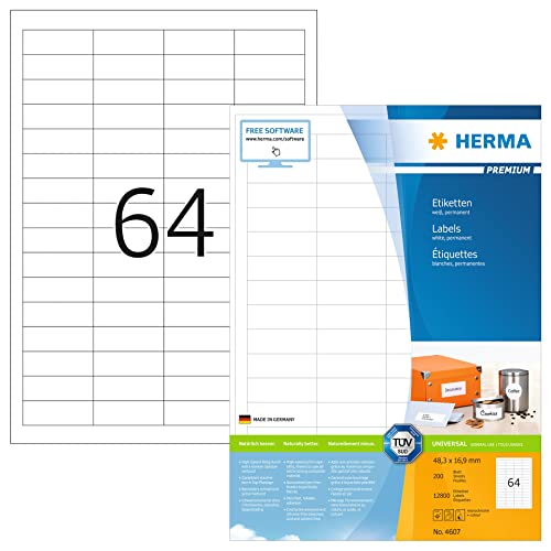 HERMA 4607 Universal Etiketten, 1600 Blatt, 48,3 x 16,9 mm, 64 pro A4 Bogen, 102400 Stück, selbstklebend, bedruckbar, matt, blanko Papier Klebeetiketten Aufkleber, weiß von HERMA