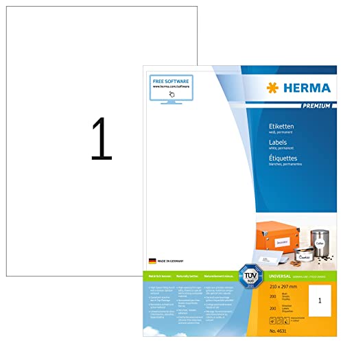 HERMA 4631 Universal Etiketten, 200 Blatt, 210 x 297 mm, 1 pro A4 Bogen, 200 Stück, selbstklebend, bedruckbar, matt, blanko Papier Klebeetiketten Aufkleber, weiß von HERMA