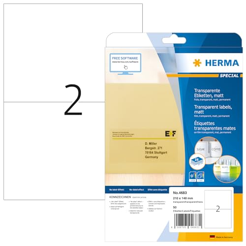 HERMA 4683 Wetterfeste Folienetiketten transparent, 800 Blatt, 210 x 148 mm, 2 pro A4 Bogen, 1600 Stück, selbstklebend, bedruckbar, matt, blanko Klebeetiketten Aufkleber aus Folie, durchsichtig von HERMA