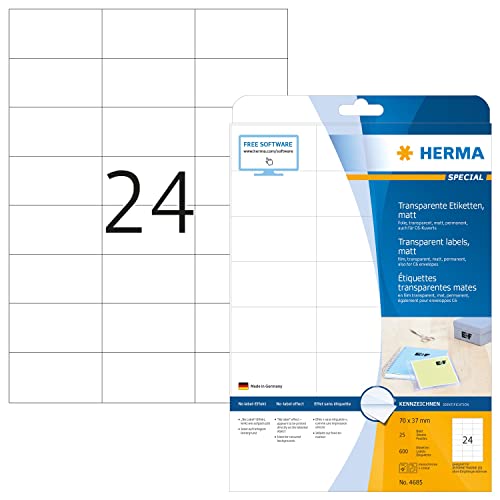 HERMA 4685 Wetterfeste Folienetiketten transparent, 800 Blatt, 70 x 37 mm, 24 pro A4 Bogen, 19200 Stück, selbstklebend, bedruckbar, matt, blanko Klebeetiketten Aufkleber aus Folie, durchsichtig von HERMA