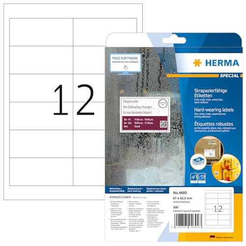 HERMA 4692 Wetterfeste Folienetiketten, 25 Blatt, 97 x 42,3 mm, 12 pro A4 Bogen, 300 Stück, selbstklebend, bedruckbar, matt, blanko Klebeetiketten Aufkleber aus Folie, weiß von HERMA