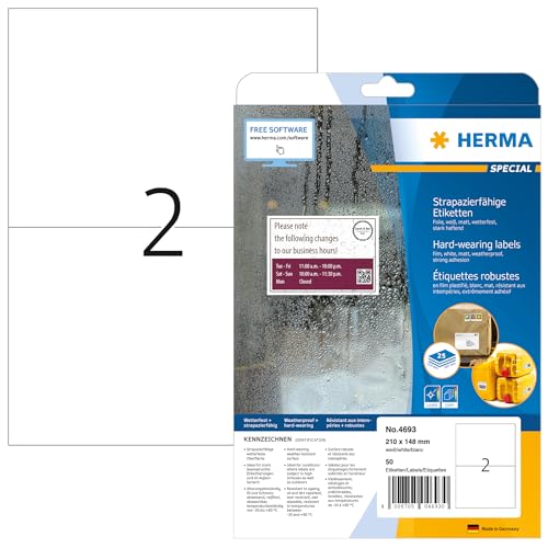 HERMA 4693 Wetterfeste Folienetiketten, 800 Blatt, 210 x 148 mm, 2 pro A4 Bogen, 1600 Stück, selbstklebend, bedruckbar, matt, blanko Klebeetiketten Aufkleber aus Folie, weiß von HERMA