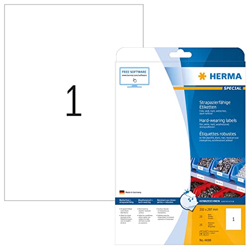 HERMA 4698 Wetterfeste Folienetiketten, 800 Blatt, 210 x 297 mm, 1 pro A4 Bogen, 800 Stück, selbstklebend, bedruckbar, matt, blanko Klebeetiketten Aufkleber aus Folie, weiß von HERMA