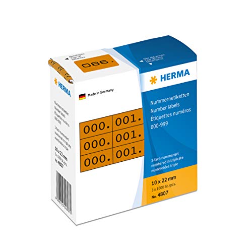 HERMA 4807 Nummernetiketten Zahlen 0-999, dreifach, 3000 Stück, 22 x 10 mm, selbstklebend, matt, 3fach fortlaufende Papier Zahlenetiketten Anlagenummern in Spenderbox, braun von HERMA