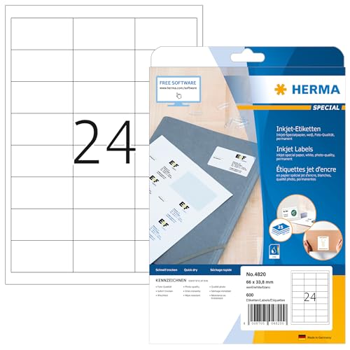 HERMA 4820 Universal Etiketten für Inkjet Drucker, 800 Blatt, 66 x 33,8 mm, 24 pro A4 Bogen, 19200 Stück, selbstklebend, bedruckbar, matt, blanko Klebeetiketten Aufkleber für Tintenstrahldrucker, weiß von HERMA