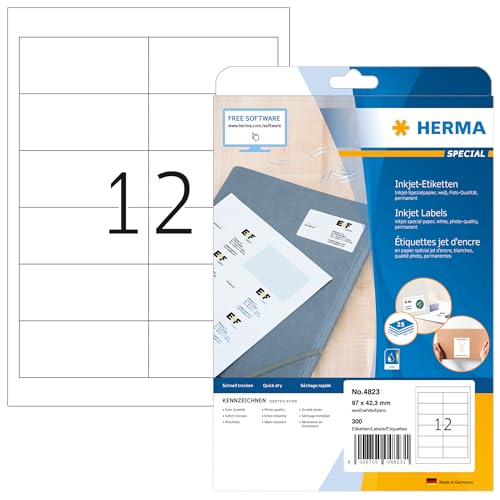 HERMA 4823 Adressetiketten für Inkjet Drucker, 800 Blatt, 97 x 42,3 mm, 12 pro A4 Bogen, 9600 Stück, selbstklebend, bedruckbar, matt, blanko Adressaufkleber Etiketten für Tintenstrahldrucker, weiß von HERMA