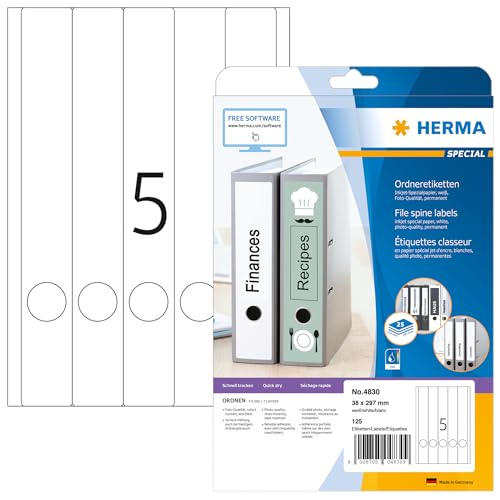 HERMA 4830 Ordnerrücken Etiketten lang schmal, 25 Blatt, 38 x 297 mm, 5 pro A4 Bogen, 125 Stück, selbstklebend, bedruckbar blickdicht Inkjet Ordneretiketten Rückenschilder Spezialpapier Aufkleber weiß von HERMA