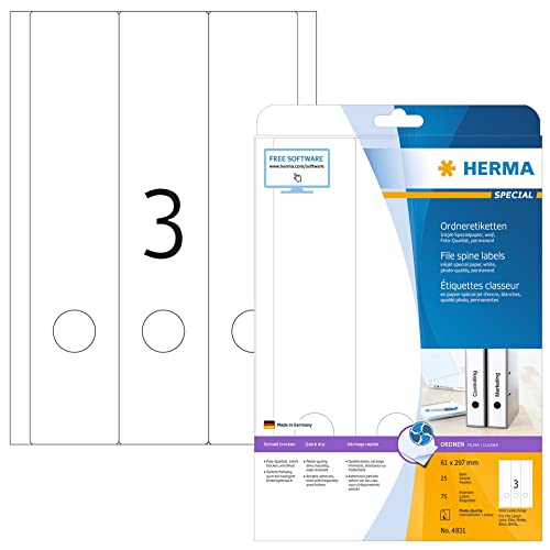 HERMA 4831 Ordnerrücken Etiketten lang breit, 25 Blatt, 61 x 297 mm, 3 pro A4 Bogen, 75 Stück, selbstklebend, bedruckbar, blickdicht, Inkjet Ordneretiketten Rückenschilder Spezialpapier Aufkleber weiß von HERMA