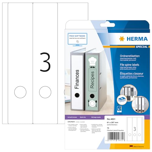 HERMA 4831 Ordnerrücken Etiketten lang breit, 800 Blatt, 61 x 297 mm, 3 pro A4 Bogen, 2400 Stück, selbstklebend bedruckbar blickdicht Inkjet Ordneretiketten Rückenschilder Spezialpapier Aufkleber weiß von HERMA