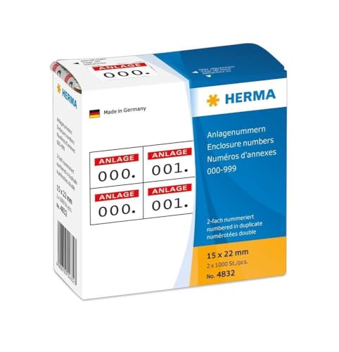 HERMA 4832 Nummernetiketten Zahlen 0-999, doppelt, 2000 Stück, 22 x 15 mm, selbstklebend, matt, 2fach fortlaufende Papier Zahlenetiketten Anlagenummern in Spenderbox, rot von HERMA