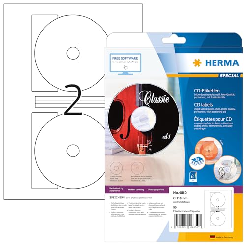 HERMA 4850 CD DVD Etiketten inkl. Zentrierhilfe für Inkjet Drucker, 25 Blatt, Ø 116 mm MAXI, 2 pro A4 Bogen, 50 Stück, selbstklebend, bedruckbar, matt, blanko Papier Klebeetiketten Aufkleber, weiß von HERMA