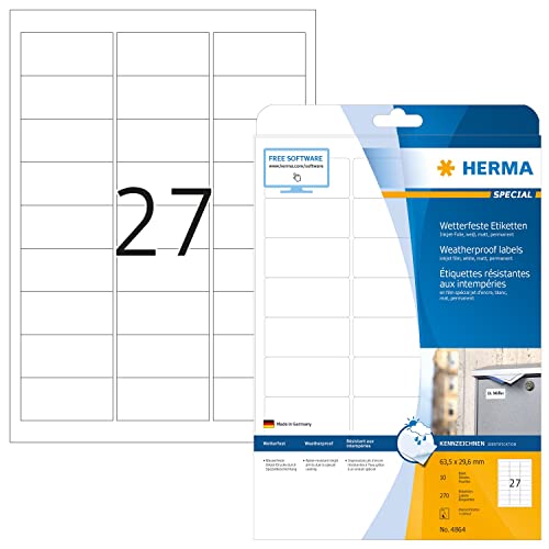 HERMA 4864 Wetterfeste Folienetiketten für Inkjet Drucker, 10 Blatt, 63,5 x 29,6 mm, 27 pro A4 Bogen, 270 Stück, selbstklebend, bedruckbar, matt, Klebeetiketten Aufkleber für Tintenstrahldrucker, weiß von HERMA