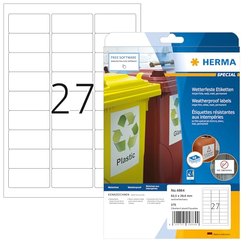 HERMA 4864 Wetterfeste Folienetiketten für Inkjet Drucker, 320 Blatt, 63,5 x 29,6 mm, 27 pro A4 Bogen, 8640 Stück, selbstklebend, bedruckbar, Klebeetiketten Aufkleber für Tintenstrahldrucker, weiß von HERMA