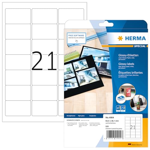 HERMA 4904 Hochglanz Etiketten, 800 Blatt, 63,5 x 38,1 mm, 21 pro A4 Bogen, 16800 Stück, selbstklebend, bedruckbar, glänzend, blanko Glossy Papier Klebeetiketten Aufkleber, weiß von HERMA