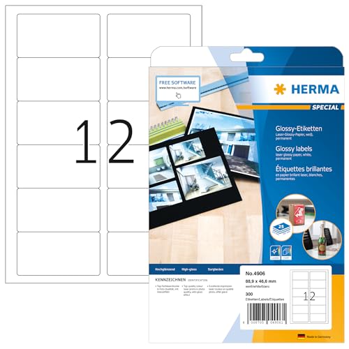 HERMA 4906 Hochglanz Etiketten, 800 Blatt, 88,9 x 46,6 mm, 12 pro A4 Bogen, 9600 Stück, selbstklebend, bedruckbar, glänzend, blanko Glossy Papier Klebeetiketten Aufkleber, weiß von HERMA