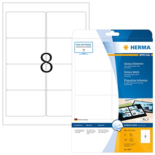 HERMA 4907 Hochglanz Etiketten, 25 Blatt, 96 x 63,5 mm, 8 pro A4 Bogen, 200 Stück, selbstklebend, bedruckbar, glänzend, blanko Glossy Papier Klebeetiketten Aufkleber, weiß von HERMA