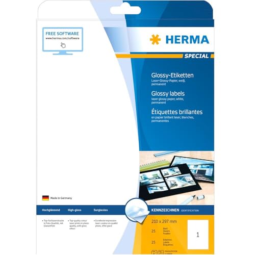 HERMA 4909 Hochglanz Etiketten, 25 Blatt, 210 x 297 mm, 1 pro A4 Bogen, 25 Stück, selbstklebend, bedruckbar, glänzend, blanko Glossy Papier Klebeetiketten Aufkleber, weiß von HERMA