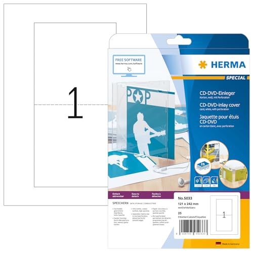 HERMA 5033 CD DVD Einleger für Slim Case Hüllen perforiert, 800 Blatt, 121 x 242 mm, 1 pro A4 Bogen, 800 Stück, bedruckbar, matt, blanko Papier-Cover Inlays, weiß von HERMA