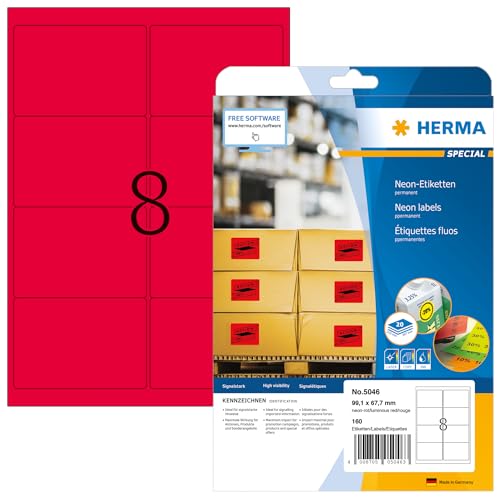 HERMA 5046 Farbige Etiketten neon rot, 640 Blatt, 99,1 x 67,7 mm, 8 pro A4 Bogen, 5120 Stück, selbstklebend, bedruckbar, matt, blanko Papier Neon-Etiketten Farbaufkleber von HERMA