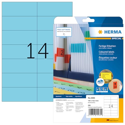 HERMA 5060 Farbige Etiketten blau ablösbar, 640 Blatt, 105 x 42,3 mm, 14 pro A4 Bogen, 8960 Stück, selbstklebend, bedruckbar, matt, blanko Papier Farbetiketten Aufkleber von HERMA