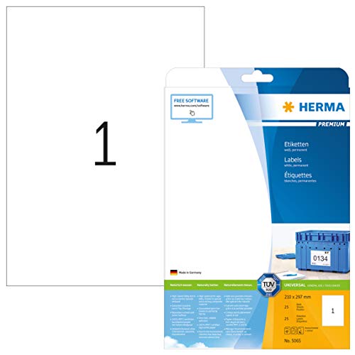 HERMA 5065 Universal Etiketten, 25 Blatt, 210 x 297 mm, 1 pro A4 Bogen, 25 Stück, selbstklebend, bedruckbar, matt, blanko Papier Klebeetiketten Aufkleber, weiß von HERMA