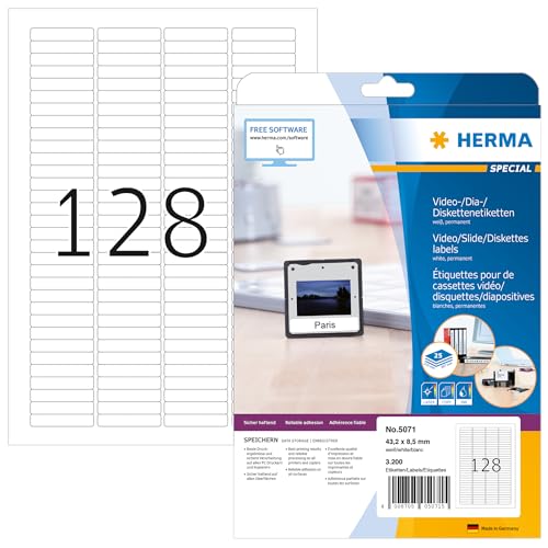 HERMA 5071 Dia Etiketten, 800 Blatt, 43,2 x 8,5 mm, 128 pro A4 Bogen, 102400 Stück, selbstklebend, bedruckbar, matt, blanko Papier Diarahmen-Aufkleber, weiß von HERMA