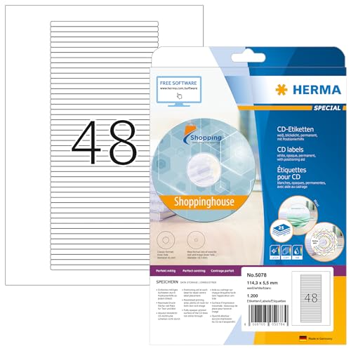 HERMA 5078 CD DVD Etiketten für Jewel Case Hüllen Rücken, 800 Blatt, 114,3 x 5,5 mm, 48 pro A4 Bogen, 38400 Stück, bedruckbar, matt, blanko Papier CD-Box Klebeetiketten, weiß von HERMA