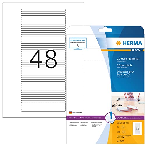 HERMA 5078 CD DVD Etiketten für Jewel Case Hüllen Rücken, 25 Blatt, 114,3 x 5,5 mm, 48 pro A4 Bogen, 1200 Stück, bedruckbar, matt, blanko Papier CD-Box Klebeetiketten, weiß von HERMA