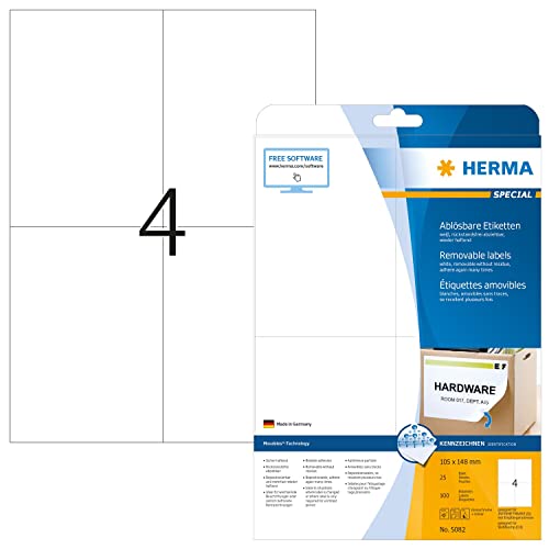 HERMA 5082 Universal Etiketten ablösbar, 800 Blatt, 105 x 148 mm, 4 pro A4 Bogen, 3200 Stück, selbstklebend, bedruckbar, matt, blanko Papier Klebeetiketten Aufkleber, weiß von HERMA