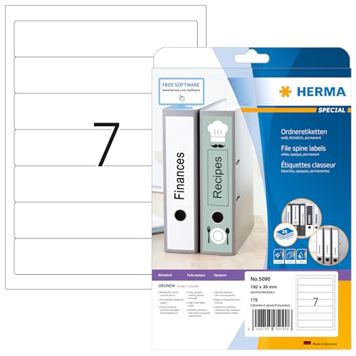 HERMA 5090 Ordnerrücken Etiketten kurz schmal, 800 Blatt, 192 x 38 mm, 7 pro A4 Bogen, 5600 Stück, selbstklebend, bedruckbar, blickdicht, blanko Papier Ordneretiketten Rückenschilder Aufkleber, weiß von HERMA