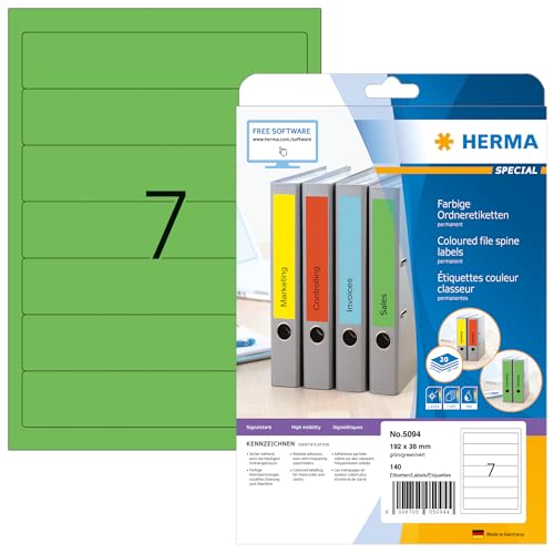 HERMA 5094 Ordnerrücken Etiketten kurz schmal, 640 Blatt, 192 x 38 mm, 7 pro A4 Bogen, 4480 Stück, selbstklebend, bedruckbar, blickdicht, blanko Papier Ordneretiketten Rückenschilder Aufkleber, grün von HERMA