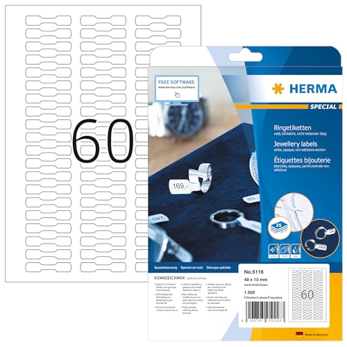 HERMA 5116 Ringetiketten blickdicht, 25 Blatt, 49 x 10 mm, 60 pro A4 Bogen, 1500 Stück, selbstklebend, bedruckbar, matt, blanko Papier Preisetiketten Aufkleber, weiß von HERMA