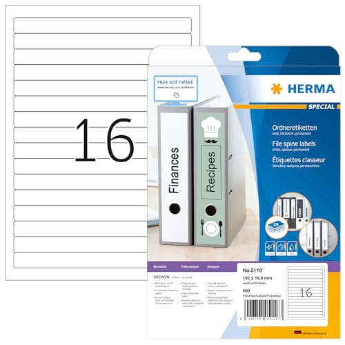 HERMA 5118 Ordnerrücken Etiketten kurz, 800 Blatt, 192 x 16,9 mm, 16 pro A4 Bogen, 12800 Stück, selbstklebend, bedruckbar, blickdicht, blanko Papier Ordneretiketten Rückenschilder Aufkleber, weiß von HERMA