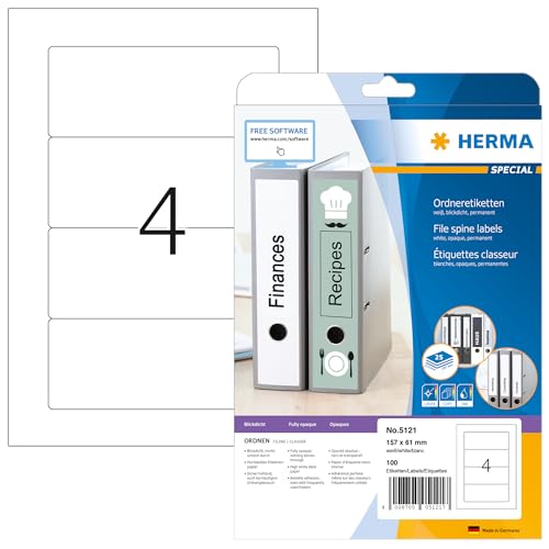 HERMA 5121 Ordnerrücken Etiketten kurz breit, 25 Blatt, 157 x 61 mm, 4 pro A4 Bogen, 100 Stück, selbstklebend, bedruckbar, blickdicht, blanko Papier Ordneretiketten Rückenschilder Aufkleber, weiß von HERMA