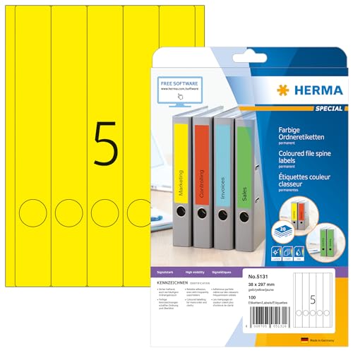 HERMA 5131 Ordnerrücken Etiketten lang schmal, 20 Blatt, 38 x 297 mm, 5 pro A4 Bogen, 100 Stück, selbstklebend, bedruckbar, blickdicht, blanko Papier Ordneretiketten Rückenschilder Aufkleber, gelb von HERMA