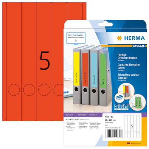 HERMA 5132 Ordnerrücken Etiketten lang schmal, 640 Blatt, 38 x 297 mm, 5 pro A4 Bogen, 3200 Stück, selbstklebend, bedruckbar, blickdicht, blanko Papier Ordneretiketten Rückenschilder Aufkleber, rot von HERMA