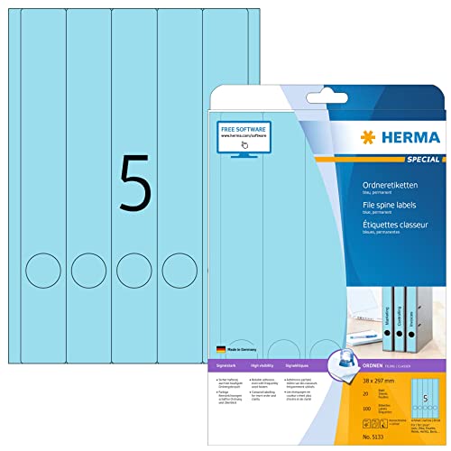 HERMA 5133 Ordnerrücken Etiketten lang schmal, 640 Blatt, 38 x 297 mm, 5 pro A4 Bogen, 3200 Stück, selbstklebend, bedruckbar, blickdicht, blanko Papier Ordneretiketten Rückenschilder Aufkleber, blau von HERMA