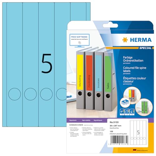 HERMA 5133 Ordnerrücken Etiketten lang schmal, 640 Blatt, 38 x 297 mm, 5 pro A4 Bogen, 3200 Stück, selbstklebend, bedruckbar, blickdicht, blanko Papier Ordneretiketten Rückenschilder Aufkleber, blau von HERMA