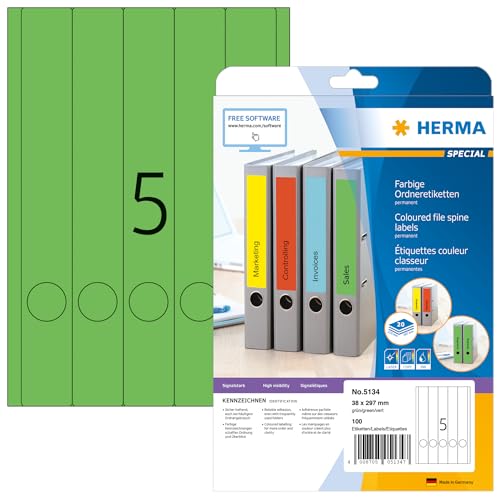 HERMA 5134 Ordnerrücken Etiketten lang schmal, 20 Blatt, 38 x 297 mm, 5 pro A4 Bogen, 100 Stück, selbstklebend, bedruckbar, blickdicht, blanko Papier Ordneretiketten Rückenschilder Aufkleber, grün von HERMA