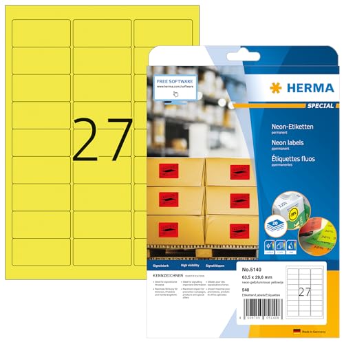 HERMA 5140 Farbige Etiketten neon gelb, 640 Blatt, 63,5 x 29,6 mm, 27 pro A4 Bogen, 17280 Stück, selbstklebend, bedruckbar, matt, blanko Papier Neon-Etiketten Farbaufkleber von HERMA