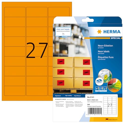 HERMA 5141 Farbige Etiketten neon orange, 640 Blatt, 63,5 x 29,6 mm, 27 pro A4 Bogen, 17280 Stück, selbstklebend, bedruckbar, matt, blanko Papier Neon-Etiketten Farbaufkleber von HERMA