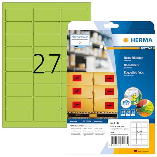 HERMA 5143 Farbige Etiketten neon grün, 640 Blatt, 63,5 x 29,6 mm, 27 pro A4 Bogen, 17280 Stück, selbstklebend, bedruckbar, matt, blanko Papier Neon-Etiketten Farbaufkleber von HERMA