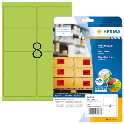 HERMA 5147 Farbige Etiketten neon grün, 640 Blatt, 99,1 x 67,7 mm, 8 pro A4 Bogen, 5120 Stück, selbstklebend, bedruckbar, matt, blanko Papier Neon-Etiketten Farbaufkleber von HERMA