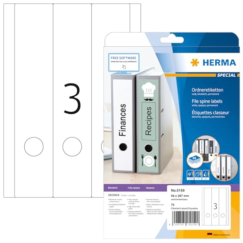 HERMA 5159 Ordnerrücken Etiketten lang breit, 25 Blatt, 59 x 297 mm, 3 pro A4 Bogen, 75 Stück, selbstklebend, bedruckbar, blickdicht, blanko Papier Ordneretiketten Rückenschilder Aufkleber, weiß von HERMA